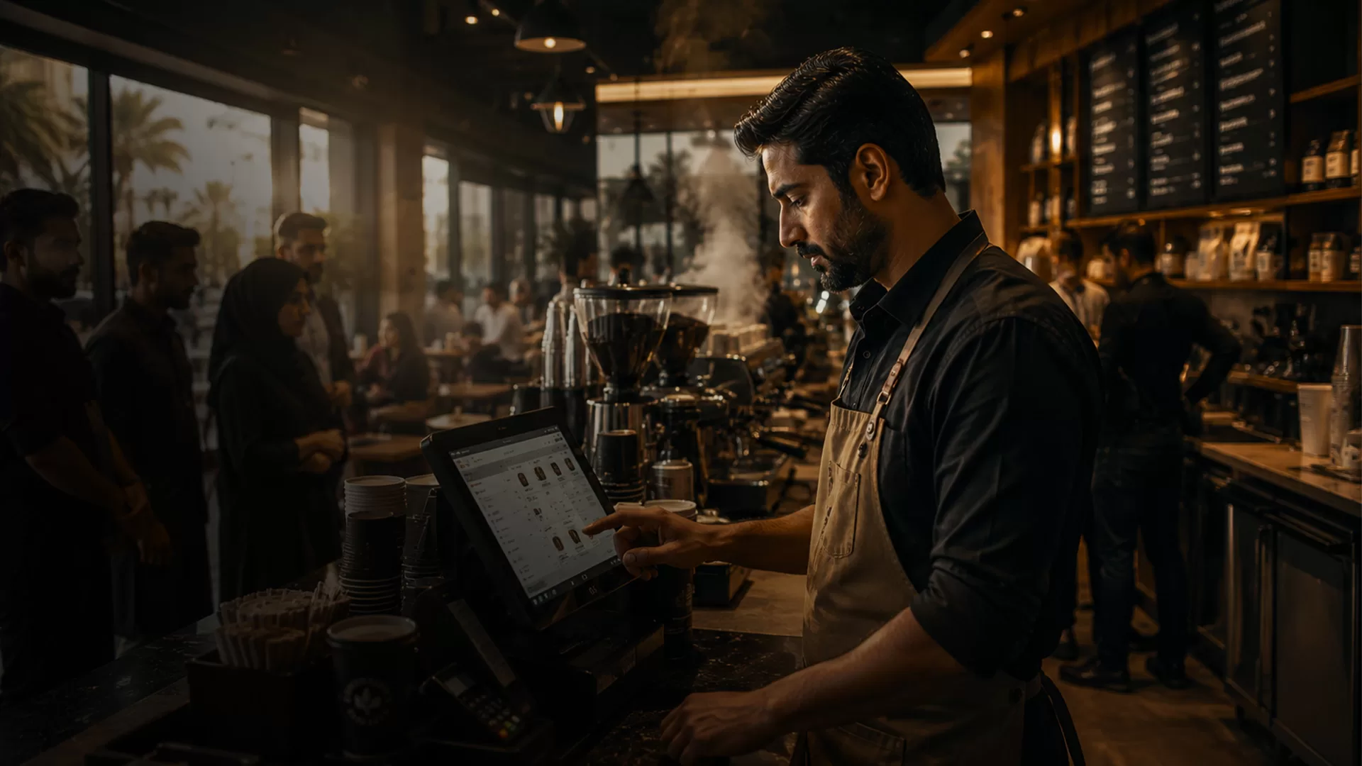 Barista taking an order on the iPOS touchscreen POS in a busy cafe